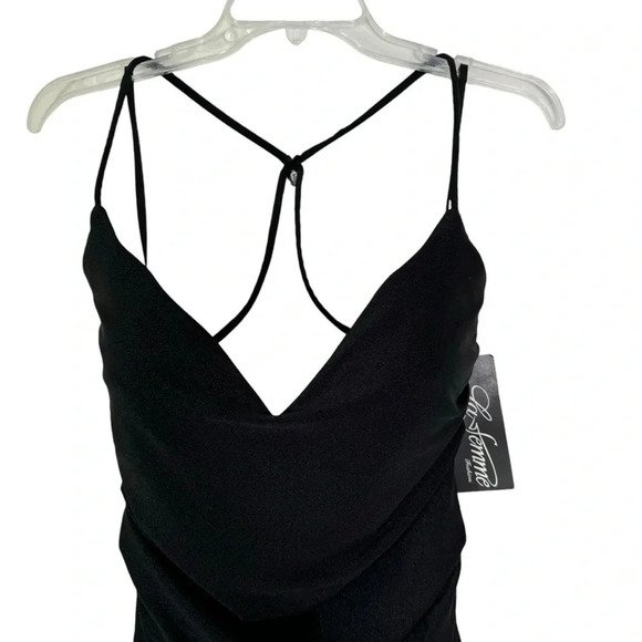 LA FEMME Cross Back Satin Jersey Trumpet Gown 28206 Black Size 6 NWT - Picture 6 of 11